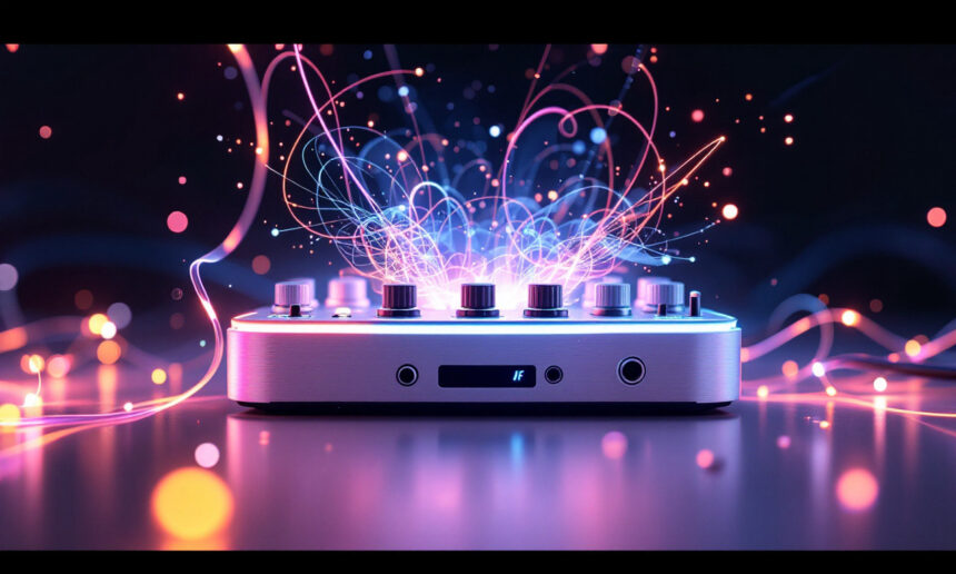 En DJ-mixer med lysende knapper og drejeknapper sidder på en reflekterende overflade, omgivet af farverige, hvirvlende neonlysspor og gnister, der skaber en livlig og energisk atmosfære. - Kunstig intelligens AI