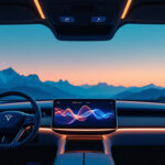 Udsigt indefra en Tesla-bil ved solnedgang, der viser instrumentbrættet med en stor touchscreen, der viser farverig bølgegrafik, omgivende belysning og bjerge, der kan ses gennem vinduerne i baggrunden. - Kunstig intelligens AI