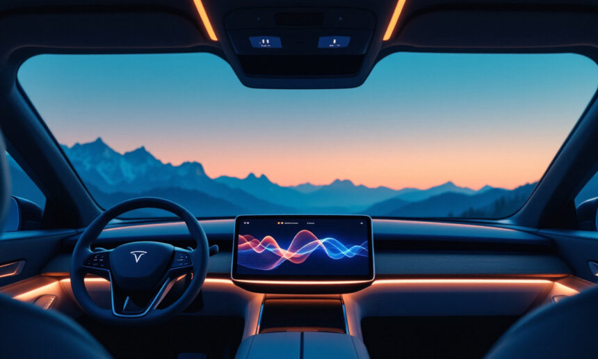 Udsigt indefra en Tesla-bil ved solnedgang, der viser instrumentbrættet med en stor touchscreen, der viser farverig bølgegrafik, omgivende belysning og bjerge, der kan ses gennem vinduerne i baggrunden. - Kunstig intelligens AI