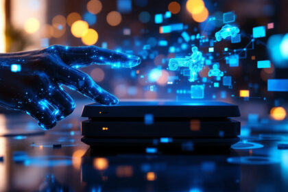 En lysende digital hånd interagerer med et futuristisk apparat, der projicerer blå holografiske ikoner og køretøjer over sig. Det symboliserer avanceret teknologi og innovation i et levende, højteknologisk miljø. - Kunstig intelligens AI