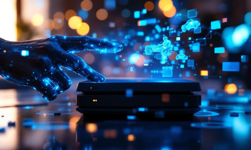 En lysende digital hånd interagerer med et futuristisk apparat, der projicerer blå holografiske ikoner og køretøjer over sig. Det symboliserer avanceret teknologi og innovation i et levende, højteknologisk miljø. - Kunstig intelligens AI