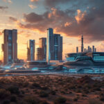 Futuristisk bybillede ved solnedgang med høje, slanke skyskrabere, oplyste blå lys, en stor moderne bygning, en raket og ørkenvegetation i forgrunden. - Kunstig intelligens AI