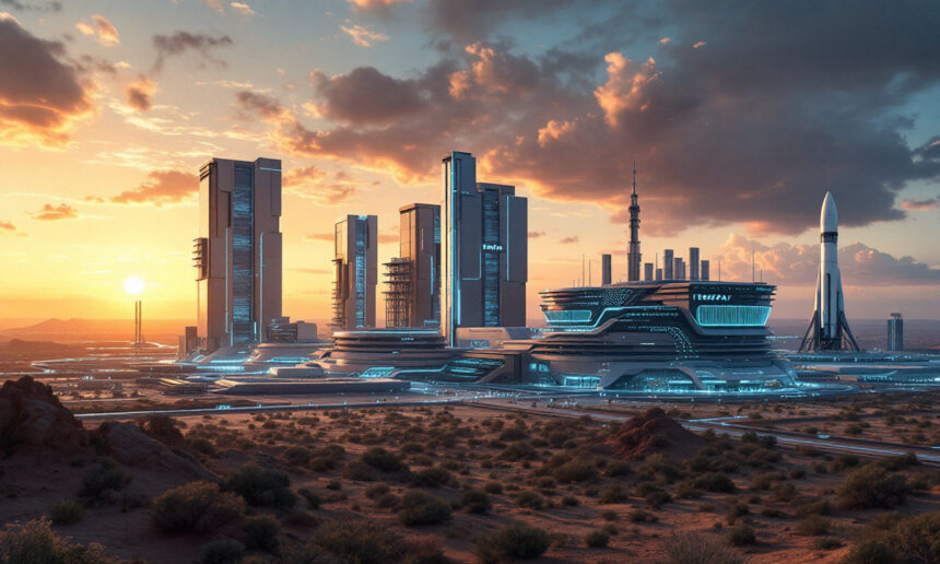 Futuristisk bybillede ved solnedgang med høje, slanke skyskrabere, oplyste blå lys, en stor moderne bygning, en raket og ørkenvegetation i forgrunden. - Kunstig intelligens AI