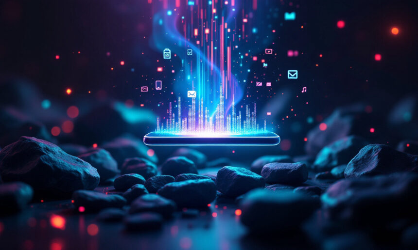 En glødende smartphone udsender levende digitale ikoner, og lys strømmer ud i luften, omgivet af mørke klipper i et futuristisk, neonoplyst miljø, der symboliserer digital opkobling og teknologi. - Kunstig intelligens AI