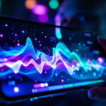 En person holder en smartphone, der viser farverige, bølgende lyd- eller musikvisualiseringer med levende neonlys og slørede former i baggrunden, hvilket skaber en futuristisk, digital atmosfære. - Kunstig intelligens AI