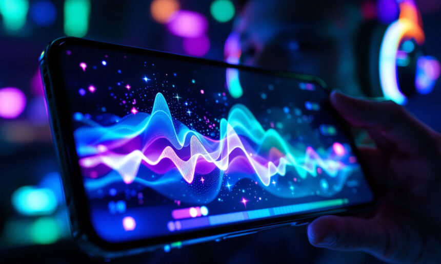 En person holder en smartphone, der viser farverige, bølgende lyd- eller musikvisualiseringer med levende neonlys og slørede former i baggrunden, hvilket skaber en futuristisk, digital atmosfære. - Kunstig intelligens AI