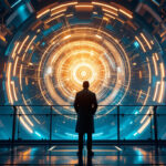 En person i en lang frakke står på en futuristisk platform foran et stort, lysende, cirkulært digitalt interface med indviklede orange og blå mønstre i et højteknologisk sci-fi-miljø. - Kunstig intelligens AI