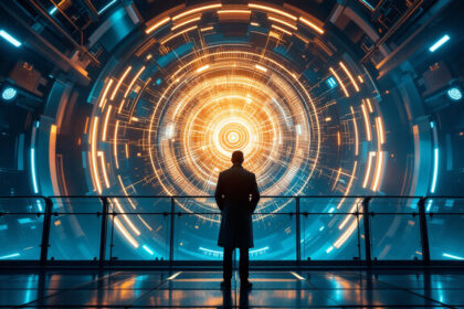 En person i en lang frakke står på en futuristisk platform foran et stort, lysende, cirkulært digitalt interface med indviklede orange og blå mønstre i et højteknologisk sci-fi-miljø. - Kunstig intelligens AI
