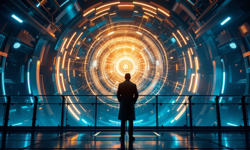 En person i en lang frakke står på en futuristisk platform foran et stort, lysende, cirkulært digitalt interface med indviklede orange og blå mønstre i et højteknologisk sci-fi-miljø. - Kunstig intelligens AI