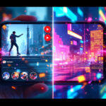 En hånd holder en smartphone, der viser levende scener på delt skærm: Den ene side viser en danser i silhuet på en neonoplyst gade, den anden en futuristisk by med lysende bygninger og farverige digitale effekter. - Kunstig intelligens AI