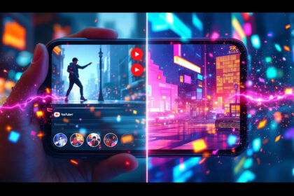 En hånd holder en smartphone, der viser levende scener på delt skærm: Den ene side viser en danser i silhuet på en neonoplyst gade, den anden en futuristisk by med lysende bygninger og farverige digitale effekter. - Kunstig intelligens AI