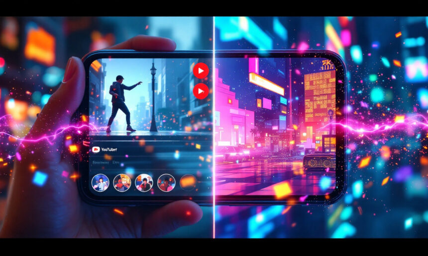 En hånd holder en smartphone, der viser levende scener på delt skærm: Den ene side viser en danser i silhuet på en neonoplyst gade, den anden en futuristisk by med lysende bygninger og farverige digitale effekter. - Kunstig intelligens AI