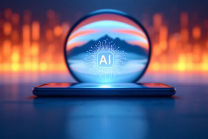 En smartphone ligger på en overflade med et lysende AI-symbol over sig, omgivet af digitale kredsløbsmønstre. I baggrunden skaber sløret orange og blåt lys en futuristisk atmosfære. - Kunstig intelligens AI