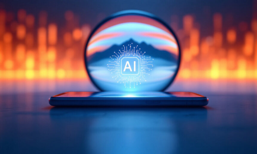 En smartphone ligger på en overflade med et lysende AI-symbol over sig, omgivet af digitale kredsløbsmønstre. I baggrunden skaber sløret orange og blåt lys en futuristisk atmosfære. - Kunstig intelligens AI