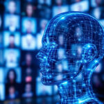 Et lysende blåt digitalt menneskehoved med kredsløbslignende mønstre vises i profil mod en sløret baggrund af flere menneskeansigter på skærme, der symboliserer kunstig intelligens og teknologi. - Kunstig intelligens AI