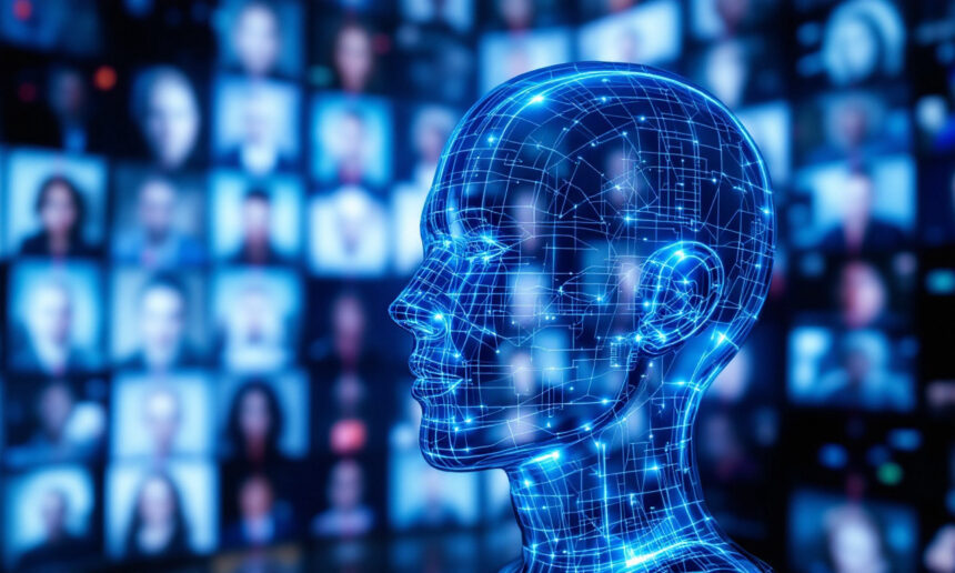 Et lysende blåt digitalt menneskehoved med kredsløbslignende mønstre vises i profil mod en sløret baggrund af flere menneskeansigter på skærme, der symboliserer kunstig intelligens og teknologi. - Kunstig intelligens AI