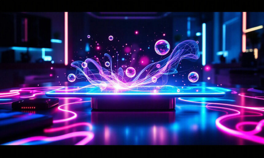 En lysende tablet udsender levende neonlysspor og svævende bobler i et mørkt rum med futuristisk blå og lyserød belysning, hvilket skaber en højteknologisk, digital atmosfære. - Kunstig intelligens AI
