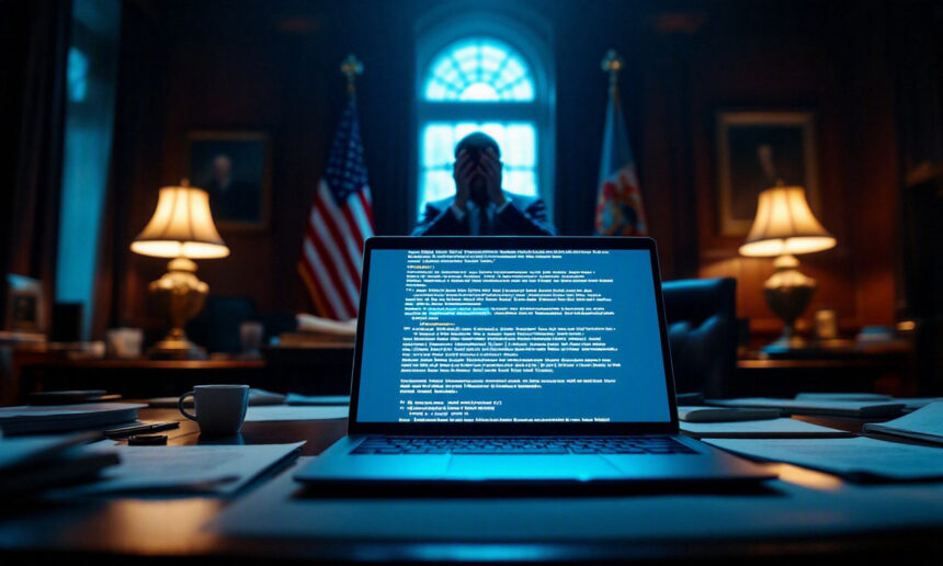 En bærbar computer med kode eller tekst på skærmen står på et skrivebord i et svagt oplyst kontor. I baggrunden står en person foran et vindue, flankeret af amerikanske flag, og ser stresset eller tankefuld ud. - Kunstig intelligens AI