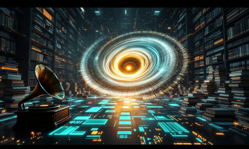 En lysende, hvirvlende portal svæver mellem høje bogreoler i et futuristisk bibliotek, hvor der står en grammofon på et gulv med digitale fliser, og hvor scenen er omgivet af stakke af bøger. - Kunstig intelligens AI