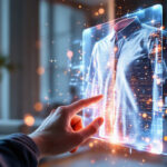 En hånd rækker ud mod et lysende, holografisk billede af en skjorte med krave og digitale og futuristiske elementer, som vises i et moderne, svagt oplyst rum. - Kunstig intelligens AI