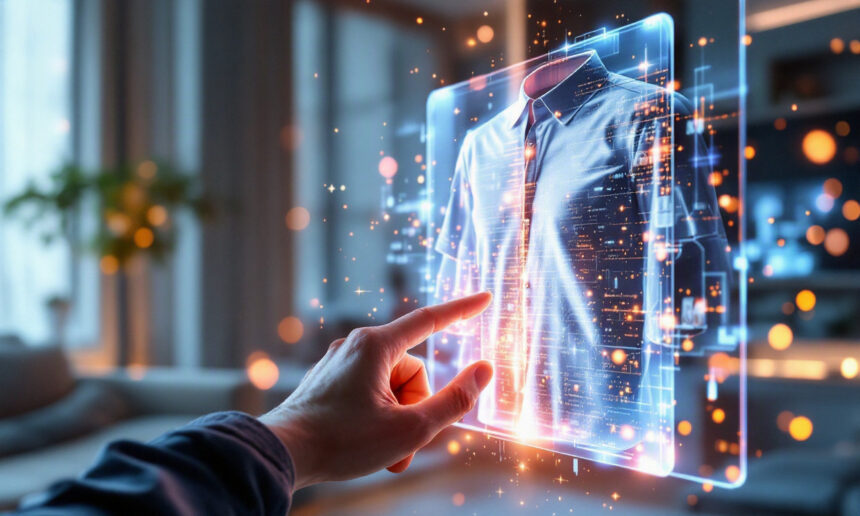 En hånd rækker ud mod et lysende, holografisk billede af en skjorte med krave og digitale og futuristiske elementer, som vises i et moderne, svagt oplyst rum. - Kunstig intelligens AI
