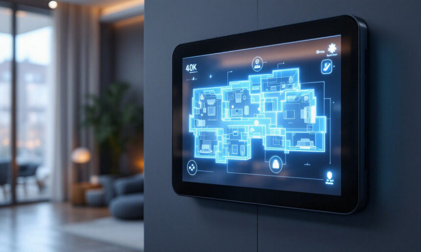 En smart touchscreen monteret på væggen viser en digital tegning af boligens grundplan. Den moderne stue i baggrunden er dæmpet oplyst, hvilket fremhæver et hyggeligt og højteknologisk miljø. - Kunstig intelligens AI