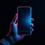 En hånd holder en smartphone med en tom, mørk skærm. Telefonen er omkranset af et glødende neonblåt og pink lys på en mørk baggrund. - Kunstig intelligens AI