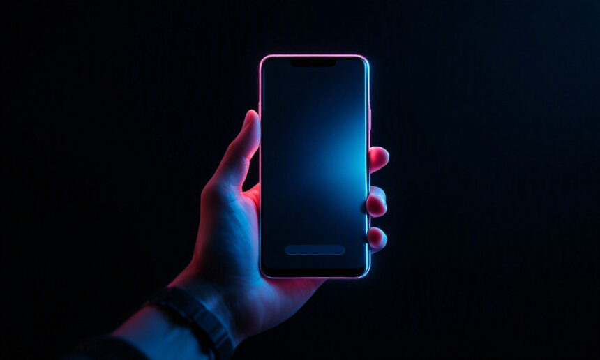 En hånd holder en smartphone med en tom, mørk skærm. Telefonen er omkranset af et glødende neonblåt og pink lys på en mørk baggrund. - Kunstig intelligens AI
