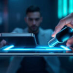En person holder en digital enhed over en lysende tablet, mens en smartphone svæver i nærheden, hvilket illustrerer avanceret teknologi og futuristisk digital interaktion i et moderne miljø. - Kunstig intelligens AI