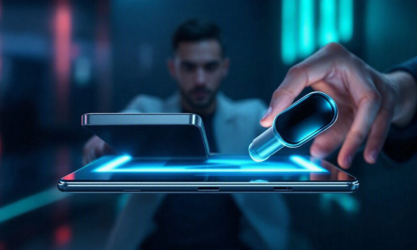 En person holder en digital enhed over en lysende tablet, mens en smartphone svæver i nærheden, hvilket illustrerer avanceret teknologi og futuristisk digital interaktion i et moderne miljø. - Kunstig intelligens AI