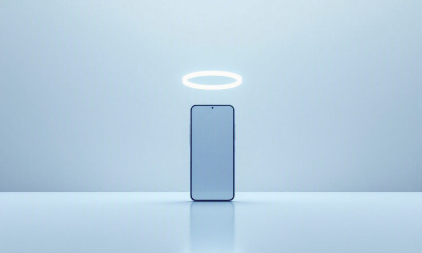 En moderne smartphone står oprejst på en blank overflade med en glødende hvid glorie svævende over sig på en minimalistisk lyseblå baggrund. - Kunstig intelligens AI