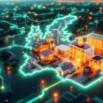 Et lysende digitalt kort fremhæver Storbritannien med oplyste bygninger og vindmøller, der er forbundet med elledninger, hvilket symboliserer et intelligent energinet og integrationen af vedvarende energi. - Kunstig intelligens AI