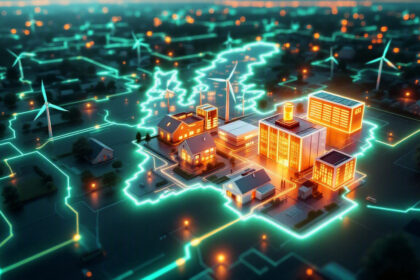 Et lysende digitalt kort fremhæver Storbritannien med oplyste bygninger og vindmøller, der er forbundet med elledninger, hvilket symboliserer et intelligent energinet og integrationen af vedvarende energi. - Kunstig intelligens AI