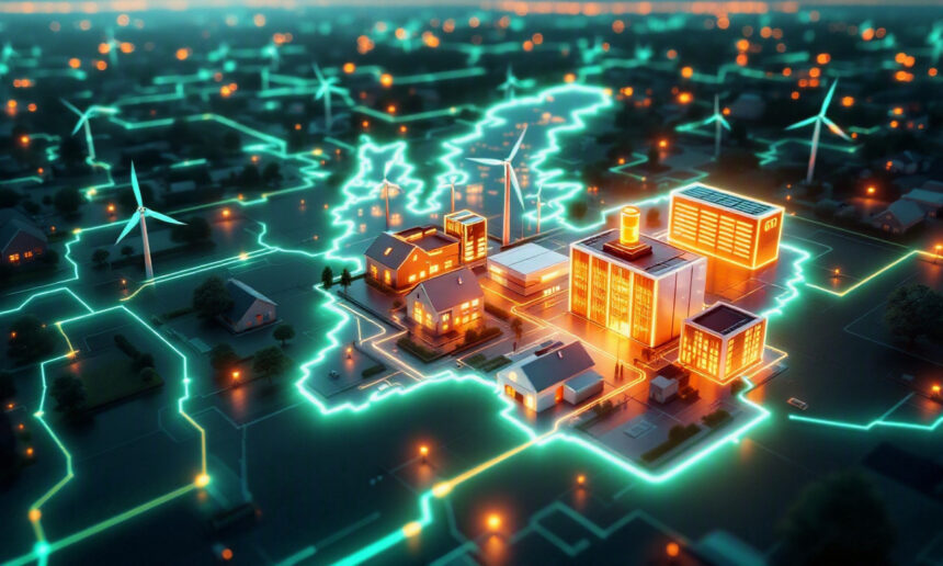 Et lysende digitalt kort fremhæver Storbritannien med oplyste bygninger og vindmøller, der er forbundet med elledninger, hvilket symboliserer et intelligent energinet og integrationen af vedvarende energi. - Kunstig intelligens AI