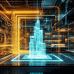 En digital bymodel lyser op i blå og orange neonlinjer, omgivet af kredsløbslignende mønstre, der blander futuristisk arkitektur med teknologi i et højteknologisk rum. - Kunstig intelligens AI