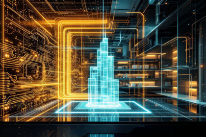 En digital bymodel lyser op i blå og orange neonlinjer, omgivet af kredsløbslignende mønstre, der blander futuristisk arkitektur med teknologi i et højteknologisk rum. - Kunstig intelligens AI