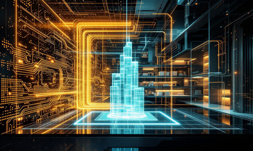 En digital bymodel lyser op i blå og orange neonlinjer, omgivet af kredsløbslignende mønstre, der blander futuristisk arkitektur med teknologi i et højteknologisk rum. - Kunstig intelligens AI