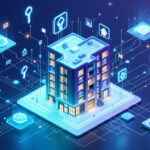 En digital illustration af en smart bygning omgivet af lysende ikoner, der repræsenterer teknologi og tilslutningsmuligheder, og som symboliserer smart home-automatisering og integration af tingenes internet (IoT) i et moderne bymiljø. - Kunstig intelligens AI