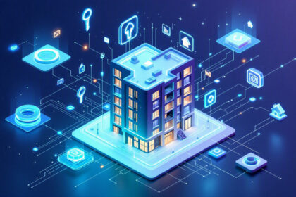 En digital illustration af en smart bygning omgivet af lysende ikoner, der repræsenterer teknologi og tilslutningsmuligheder, og som symboliserer smart home-automatisering og integration af tingenes internet (IoT) i et moderne bymiljø. - Kunstig intelligens AI