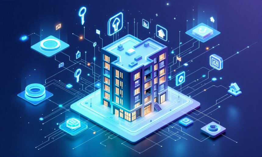 En digital illustration af en smart bygning omgivet af lysende ikoner, der repræsenterer teknologi og tilslutningsmuligheder, og som symboliserer smart home-automatisering og integration af tingenes internet (IoT) i et moderne bymiljø. - Kunstig intelligens AI