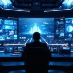 En person sidder ved et futuristisk skrivebord i et kontrolcenter, omgivet af store digitale skærme, der viser diagrammer, grafer og datavisualiseringer i blå toner, som antyder dataanalyse eller cybersikkerhedsovervågning. - Kunstig intelligens AI