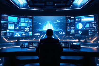 En person sidder ved et futuristisk skrivebord i et kontrolcenter, omgivet af store digitale skærme, der viser diagrammer, grafer og datavisualiseringer i blå toner, som antyder dataanalyse eller cybersikkerhedsovervågning. - Kunstig intelligens AI