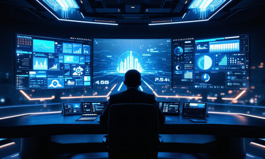 En person sidder ved et futuristisk skrivebord i et kontrolcenter, omgivet af store digitale skærme, der viser diagrammer, grafer og datavisualiseringer i blå toner, som antyder dataanalyse eller cybersikkerhedsovervågning. - Kunstig intelligens AI