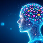 En lysende digital illustration af et menneskehoved set i profil, fyldt med farverige talebobler og ikoner, der symboliserer kunstig intelligens, kommunikation og informationsstrømmen i en futuristisk stil. - Kunstig intelligens AI