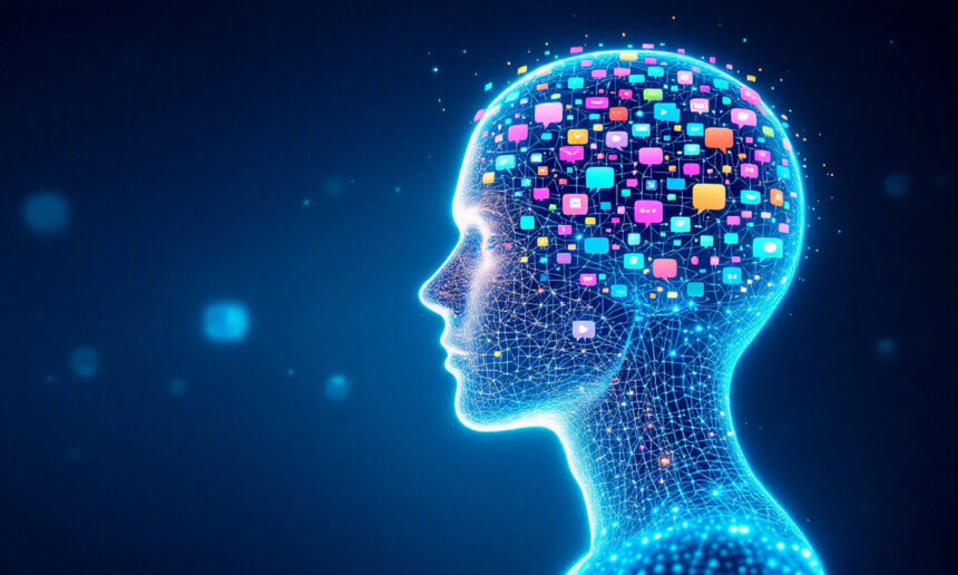 En lysende digital illustration af et menneskehoved set i profil, fyldt med farverige talebobler og ikoner, der symboliserer kunstig intelligens, kommunikation og informationsstrømmen i en futuristisk stil. - Kunstig intelligens AI