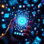 En hånd holder en smartphone med et lysende blåt udbrud på skærmen, omgivet af svævende digitale ikoner og grafer, der repræsenterer teknologi, data og opkobling. - Kunstig intelligens AI