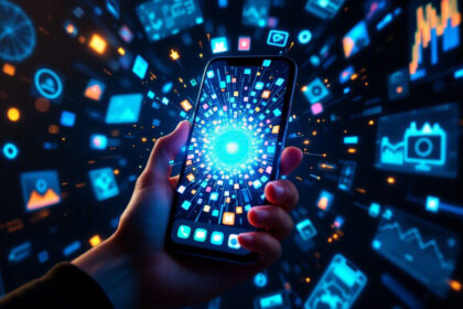 En hånd holder en smartphone med et lysende blåt udbrud på skærmen, omgivet af svævende digitale ikoner og grafer, der repræsenterer teknologi, data og opkobling. - Kunstig intelligens AI