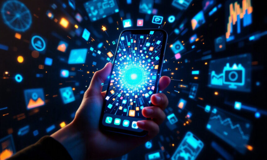 En hånd holder en smartphone med et lysende blåt udbrud på skærmen, omgivet af svævende digitale ikoner og grafer, der repræsenterer teknologi, data og opkobling. - Kunstig intelligens AI