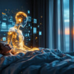 En kvinde sover i sin seng ved solopgang, mens en lysende, futuristisk digital figur sidder ved siden af hende, omgivet af flydende data og interface-grafik, hvilket antyder en forbindelse mellem drømme og teknologi. - Kunstig intelligens AI