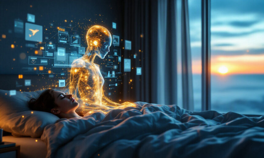 En kvinde sover i sin seng ved solopgang, mens en lysende, futuristisk digital figur sidder ved siden af hende, omgivet af flydende data og interface-grafik, hvilket antyder en forbindelse mellem drømme og teknologi. - Kunstig intelligens AI
